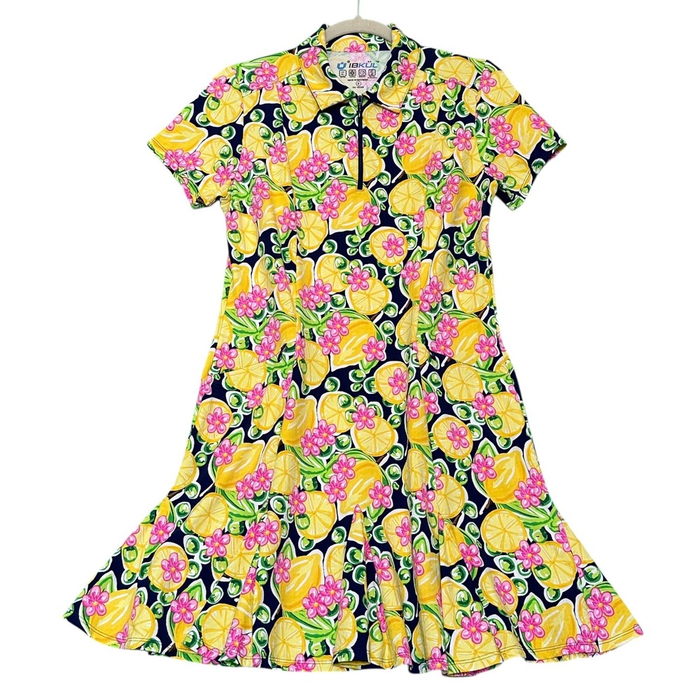 IBKUL Godet Golf Dress Lemon Floral Print UPF50 Cooling Zip Performance S - Picture 2 of 14